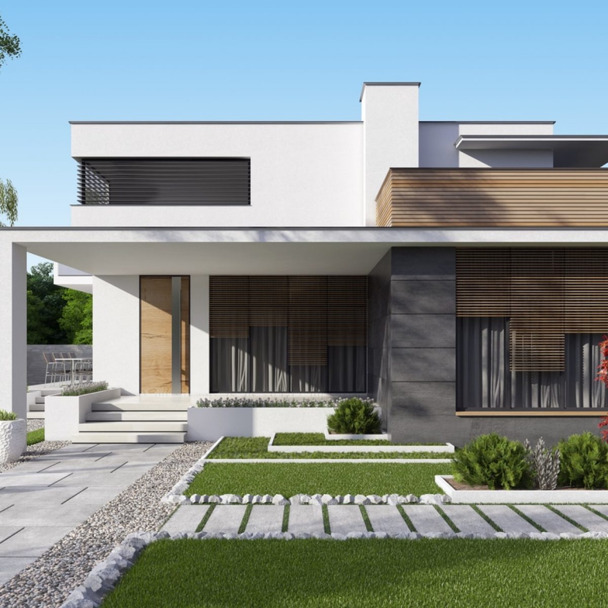 Luxurious modern villa with garden. 3d rendering.